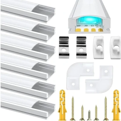 Image of 6 Pack LED Aluminum Profile, 1Meter/3.3ft U Shape Channel, Profile with Milky White Cover. Channels and Diffusers End Caps, Mounting Clips Corner Connectors