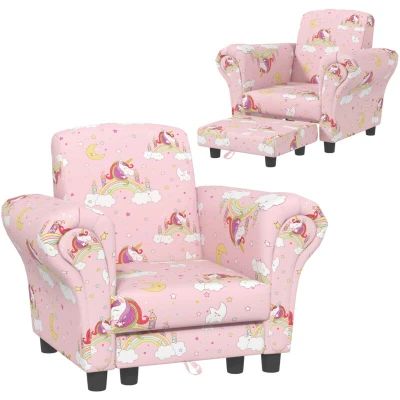 Image of AIYAPLAY Kids Armchair with Stool, 2 Piece Sofa Set Unicorn Design, Wooden Frame, Upholstered Chair for Bedroom, Playroom, Kid Room, 1.5 3 Years Old, Pink