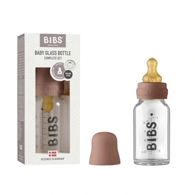Image of BIBS Baby Glass Bottle. Anti colic. Round Natural Rubber Latex Nipple. Supports Breastfeeding, 110 ml, Woodchuck