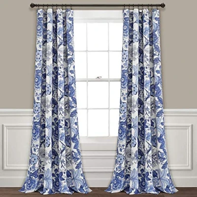 Image of Lush Decor Navy White Sydney Curtains Floral Garden Room Darkening Window Panel Set for Living, Dining, Bedroom (Pair), 95 Long x 52 Wide, L