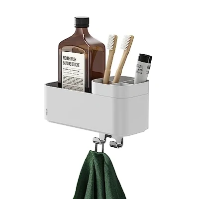 Image of Tiger 2 Store Storage tray with towel hook and toothbrush holder 25 cm White