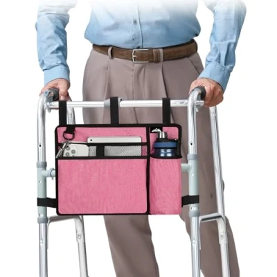 Image of supregear Accessories Bag for Walker, Wheelchair, Rollator Seniors, w/Cup Holder Folding Walker Basket Large Capacity Waterproof Caddy Pouch, Pink