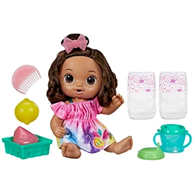 Image of Baby Alive Fruity Sips Doll, Lemon, Pretend Juicer Doll Set, Kids 3 and Up, Brown Hair