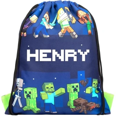 Image of Minecraft Personalised Drawstring Bag For Kids PE School or Swimming Boys Merchandise Dark Blue