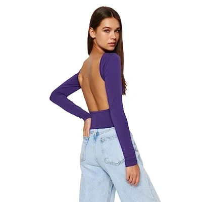 Image of Trendyol Women&#039;s Straight Long Sleeve Slim Blouse, Purple, XL