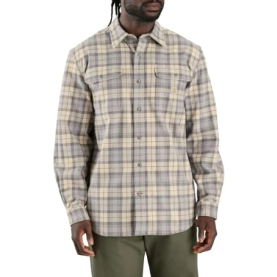 Image of Carhartt Men&#039;s Loose Fit Heavyweight Flannel Long Sleeve Plaid Shirt, Gray, XL