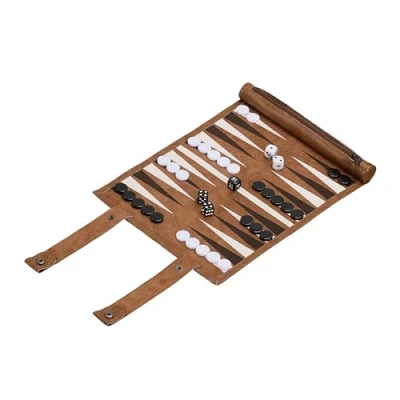 Image of Relaxdays Backgammon, Travelling Game to Roll Up, incl. Accessories, WxD: 32 x 26 cm, Leather Look, Boardgame, Brown, Iron, 29.5 24 19.5 cm