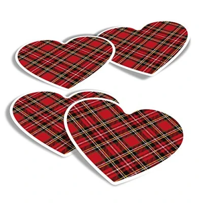 Image of Vinyl Heart Stickers (Set of 4) Red Tartan Scottish Fabric Scotland Fun Decals for Laptops,Tablets,Luggage,Scrap Booking,Fridges #15842