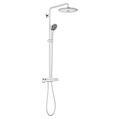 Image of GROHE Vitalio Joy 260 Shower System with Exposed Thermostat and Tray (Water Saving, 3 Spray Head 26cm Ball Joint Rotation Angle, Hand 11cm, Hose 1.75 m), Chrome, 26403001
