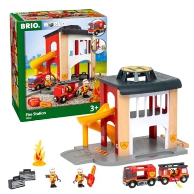Image of BRIO World Fire &amp; Rescue Central Station for Kids Age 3 Years Up Wooden Railway Train Accessories and Add Ons