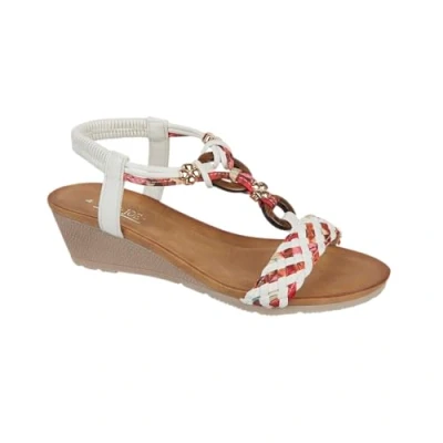 Image of Jo &amp; Joe Ladies Mid Heel Wedge Comfort Sandal with Glitzy Jewels and Elasticated Slingback Strap, Flexible sole sizes 4 8 (White 2, UK Footwear Size System, Adult, Women, Numeric, Medium, 6)