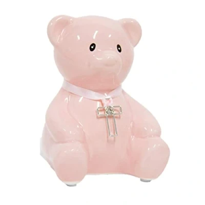 Image of Teddy Money Bank With Cross and Diamante Pink, ideal for Christening, birthday, new baby, communion or Chistmas