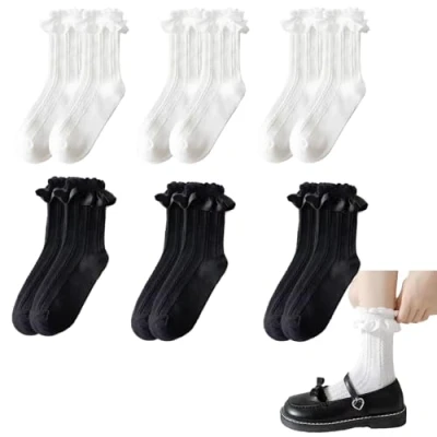Image of Neyared 6 Pairs Frilly Ankle Socks Women, Lace Ruffle, Comfortable Breathable, for Girls (White Black)