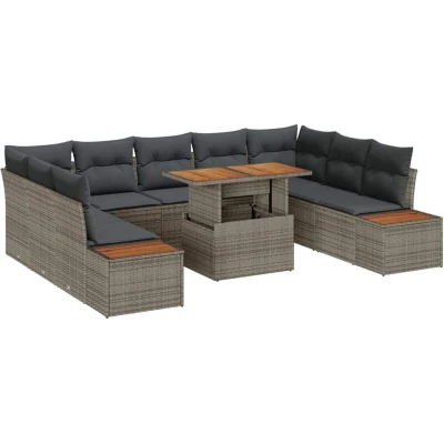 Image of vidaXL 10 Piece Garden Dining Set with Cushions Grey Poly Rattan Acacia