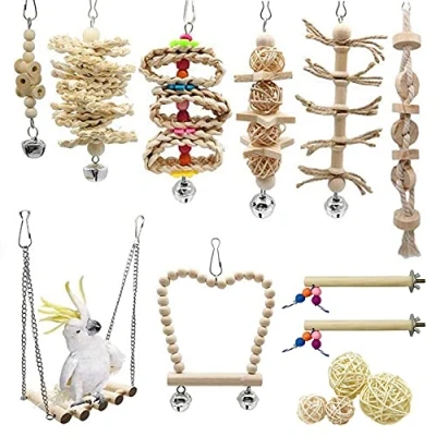 Image of Allazone Bird Parrot Toys, 18 PCS Perch Toys Hanging Bell Pet Cage Hammock Swing Toy Wooden Chewing for Conures, Love Birds, Small Parakeets Cockatiels, Macaws