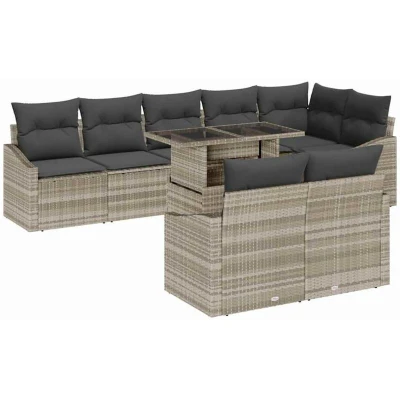 Image of vidaXL 9 Piece Garden Sofa Set with Cushions Light Grey Poly Rattan