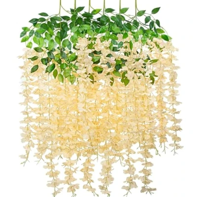Image of SMALUCK Artificial Wisteria Flowers Vine Fake Garland Hanging for Wedding Garden Home Party Decorations, Champagne