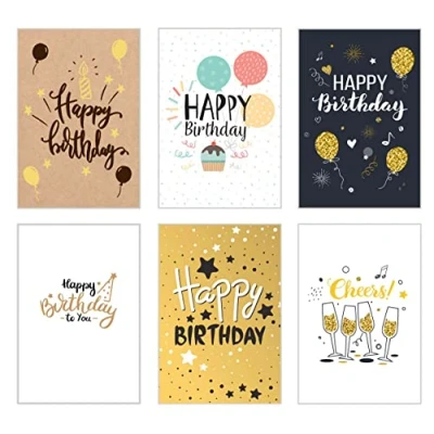 Image of Edition Seidel Set of 6 Premium Birthday Cards with Gold Embossing and Envelope. Parts made Kraft Paper. Happy Card for Man Woman