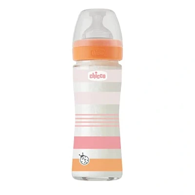 Image of CHICCO Wellness Bottle Slow Flow with Physio Teat in Soft Silicone and Sense Finish, Anti Colic, Reduces Regurgitation Irritability, Glass 240 ml, 0 Months+ Girl