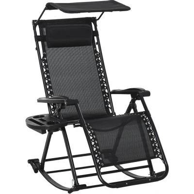 Image of Outsunny Garden Rocking Chair Folding Recliner Outdoor Adjustable Sun Lounger Rocker Zero Gravity Seat with Headrest Side Holder Patio Deck Black