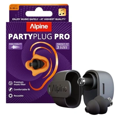 Image of Alpine PartyPlug Pro Ear Plugs for Concerts, High Fidelity Professional Musician Earplugs, 21dB Noise Reduction, Hearing Protection Music Festivals, Raves &amp; Live Events, Incl. 3 Tip Sizes, Black