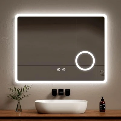 Image of EMKE Backlit Illuminated Bluetooth Bathroom Mirror with Shaver Socket 800x600 mm, Wall Mounted Multifunction LED Vanity Lights, Demister Pad and 3x Magnifier [Horizontal]