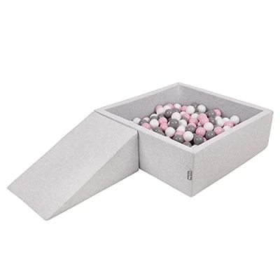 Image of KiddyMoon Foam Playground For Kids With Square Ballpit (200 Balls ∅ 7Cm/2.75In) Soft Obstacles Course And Ball Pool, Made In The EU, Lightgrey:White/Grey/Powderpink