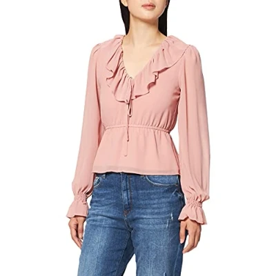 Image of NA KD Women&#039;s Frill V Neck Chiffon Blouse, Dusty Pink, 16 UK