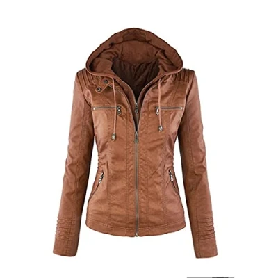 Image of Womens Classic Faux Leather Hooded Jackets Removable Zip Up Outwear Jacket (Brown,M)