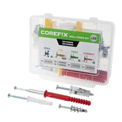 Image of Corefix Complete Wall Fixing Kit (Pack of 30), Self Drilling Plasterboard Fixings, Raw Plugs and Screws &amp; Cavity Screws. Suitable for Plasterboard, Dot Dab, Masonry Walls.