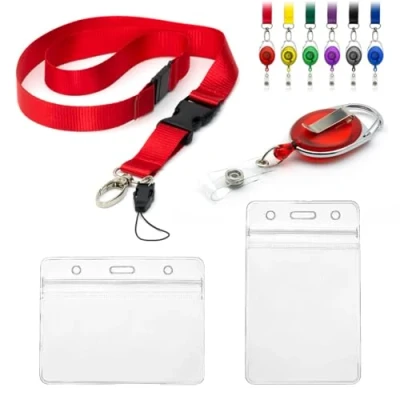 Image of Lanyard with Card Holder 4pc Set, Includes 1 Detachable Safety Breakaway Retractable Yo Reel Clip 2 Clear Waterproof Identification ID Badge Double Sided Plastic Identity Pouches (Red)