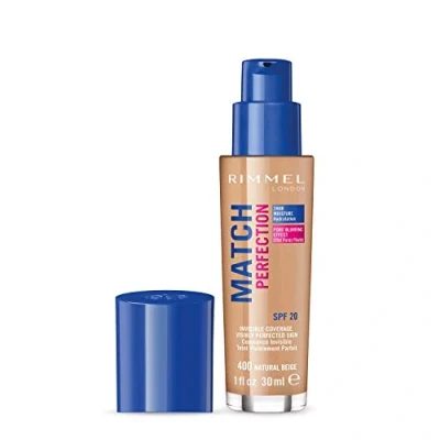 Image of Rimmel Match Perfection Foundation 400 Natural Beige, Medium Coverage, 24hr Hydration, No Caking or Creasing, Lightweight, Reduces Imperfections, Invisible SPF20, Cruelty Free