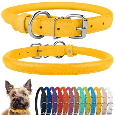 Image of CollarDirect Rolled Leather Dog Collar, Soft Padded Round Puppy Handmade Genuine Collar Small Large Cat Collars Black Pink Red Purple Blue (Yellow, 23 28 cm)