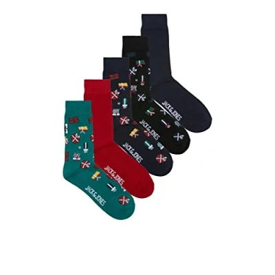 Image of Jack &amp; Jones Jacxmas Wrapping Socks 5 PACK navy blazer pack:aventurine black rio red, Men&#039;s, Size: One Size