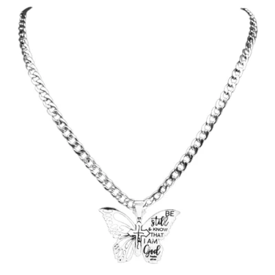 Image of XLTEAM Casual Necklace Pendant Be still and know that I am God Butterfly Cross for Women Men Goth Punk Inset Necklaces N2569 1 Party JewelleryBirthday Gift
