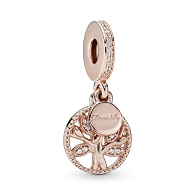 Image of Pandora Moments Women&#039;s 14k Rose Gold Plated Family Heritage Cubic Zirconia Dangle Charm for Bracelet, No Box
