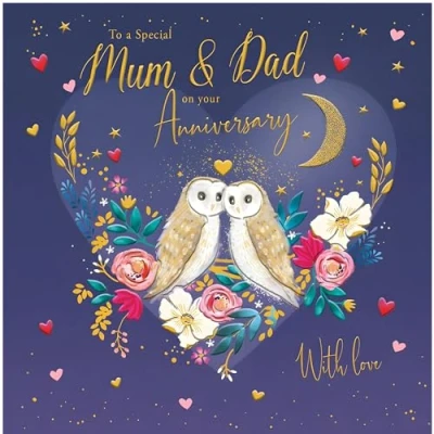 Image of Noel Tatt Special Mum and Dad Anniversary Card Owls Flowers Under the Moon Eco Friendly Recyclable