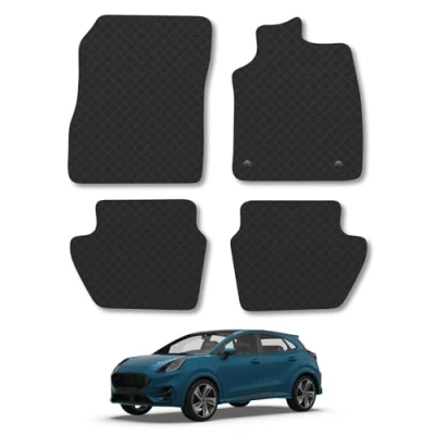 Image of Rubber Car Mats Compatible with Ford Puma Hybrid (2020 ) Tailored Fit Floor Set Accessory Black Custom 4 Pieces Clips Anti Slip Backing, Heavy Duty &amp; Waterproof
