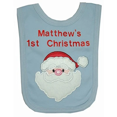 Image of Personalised Applique Santa Face 1st Christmas Bib. (Blue)