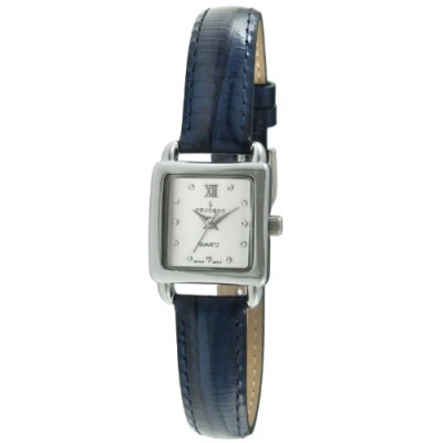 Image of Peugeot Women&#039;s Small Square Case Crystal Marker Genuine Leather Strap Watch, Blue, Silver, Small, Petite