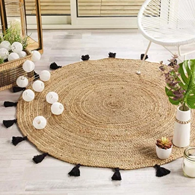 Image of Douceur d&#039;Intérieur Round Decorative Rug, Jute, Black, (0) 120 CM