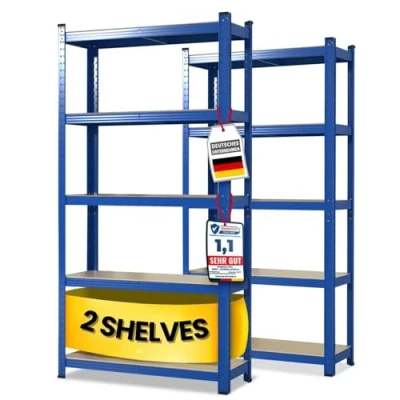 Image of Floordirekt Heavy Duty Shelving Unit, Set of 2, Blue, 150 x 75 30 cm, Boltless Shelves, Basement Storage Workshop Workbench 5 Adjustable Shelves (Lakota)