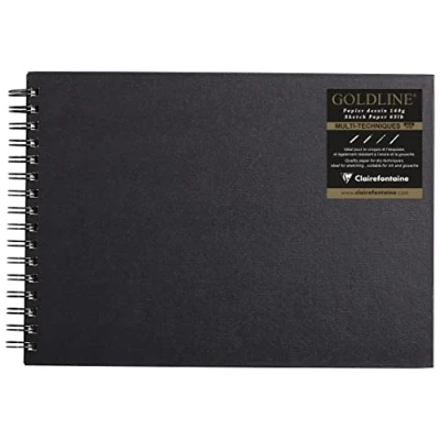 Image of Clairefontaine Ref 34255C Goldline Wirebound Pad (64 White Sheets) A4 Size, 140gsm Paper, Landscape Layout Black Cover Suitable for Dry Techniques