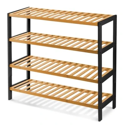 Image of KEPLIN 4 Tier Natural Bamboo Shoe Rack Easy Assembly &amp; Strong Design Stand Shelf Organiser Ideal for Corridor,Bedroom,Bathroom,Hallway Small Spaces Large Capacity (4 Tier, Black/Natural)