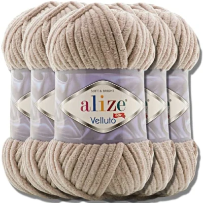 Image of Alize 5 x 100 g Velluto Turkish Wool Super Bulky Chenille Yarn Cuddly Soft Baby Hand Knitting for Crocheting XXL Ball Amigurumi (Beige 530)