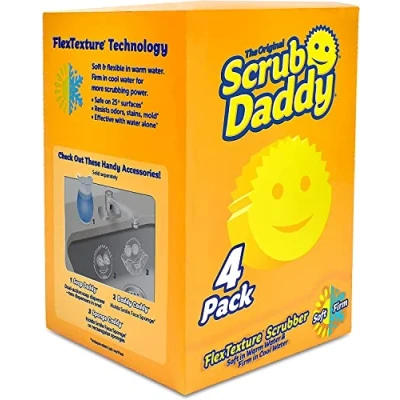 Image of Scrub Daddy Original Dish Sponge 4 Pack, Smiley Face Sponges for Cleaning &amp; Washing Up Multipack Kitchen Non Scratch Scourers with FlexTexture Firm Soft Scrubbing, Dishwashing Scrubber Yellow