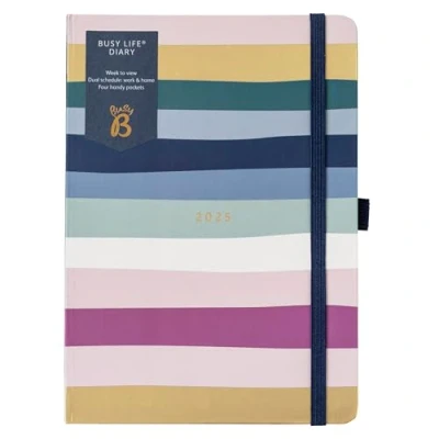Image of Busy B A5 2025 Diary Life Weekly Planner Journal for Students, Teachers, Work &amp; More with Dual Schedules, Year Calendar, Pen Pockets Elastic Closure Band Pastel Stripe