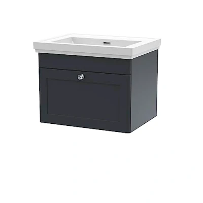 Image of nuie CLC1494H Classique Wall Hung 1 Drawer Vanity Unit &amp; 0 Tap Hole Fireclay Basin, 600mm, Satin Anthracite, Soft Black