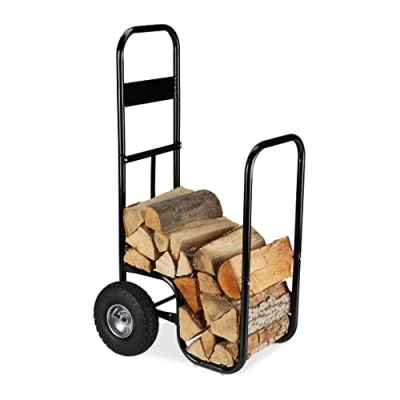 Image of Relaxdays Log Holder Cart, Steel Firewood Trolley, with 2 Pneumatic Tyres, Wood Transport &amp; Storage, up to 60 kg, Black, 108.5 x 52 59 cm