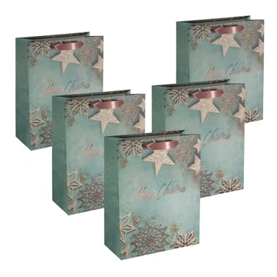 Image of SIGEL GT113 Gift Bag Large Blue, Kupfer incl. Base Insert for More Stability and Colour Coordinated Silk Ribbon Handles Paper 26 x 33 cm, 5 pcs.